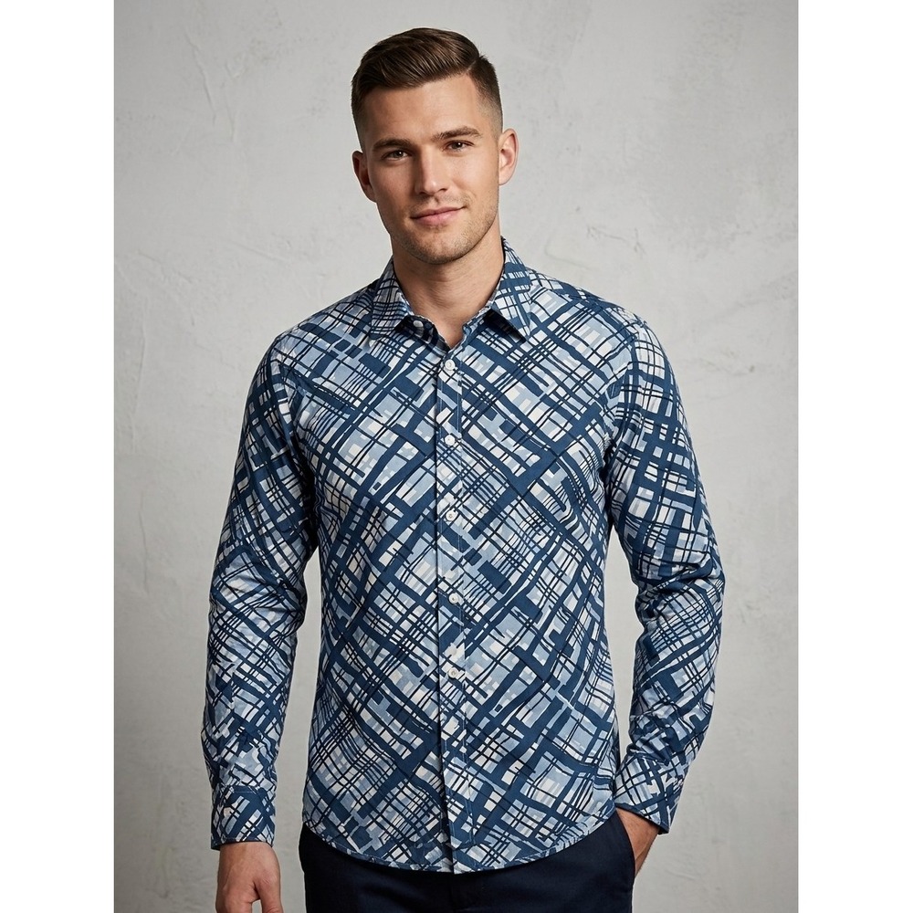 Michael Kors Mens Navy Surf Abstract Print Tailored Fit Button Down Shirt M